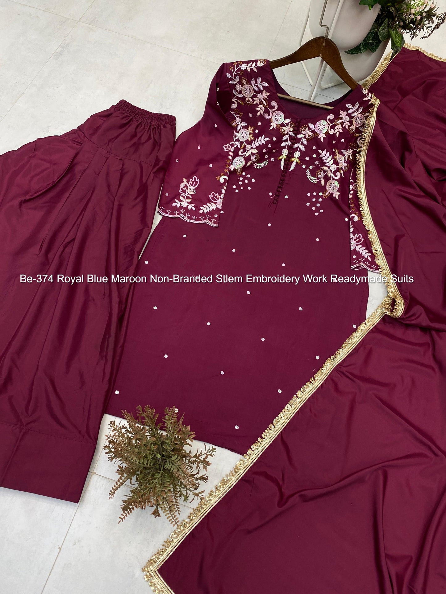 Be-374 Royal Blue Maroon Non-Branded Stlem Embroidery Work Readymade Suits