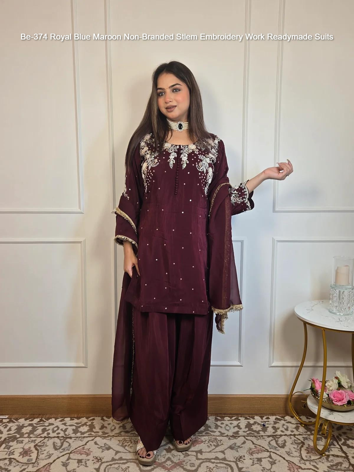 Be-374 Royal Blue Maroon Non-Branded Stlem Embroidery Work Readymade Suits