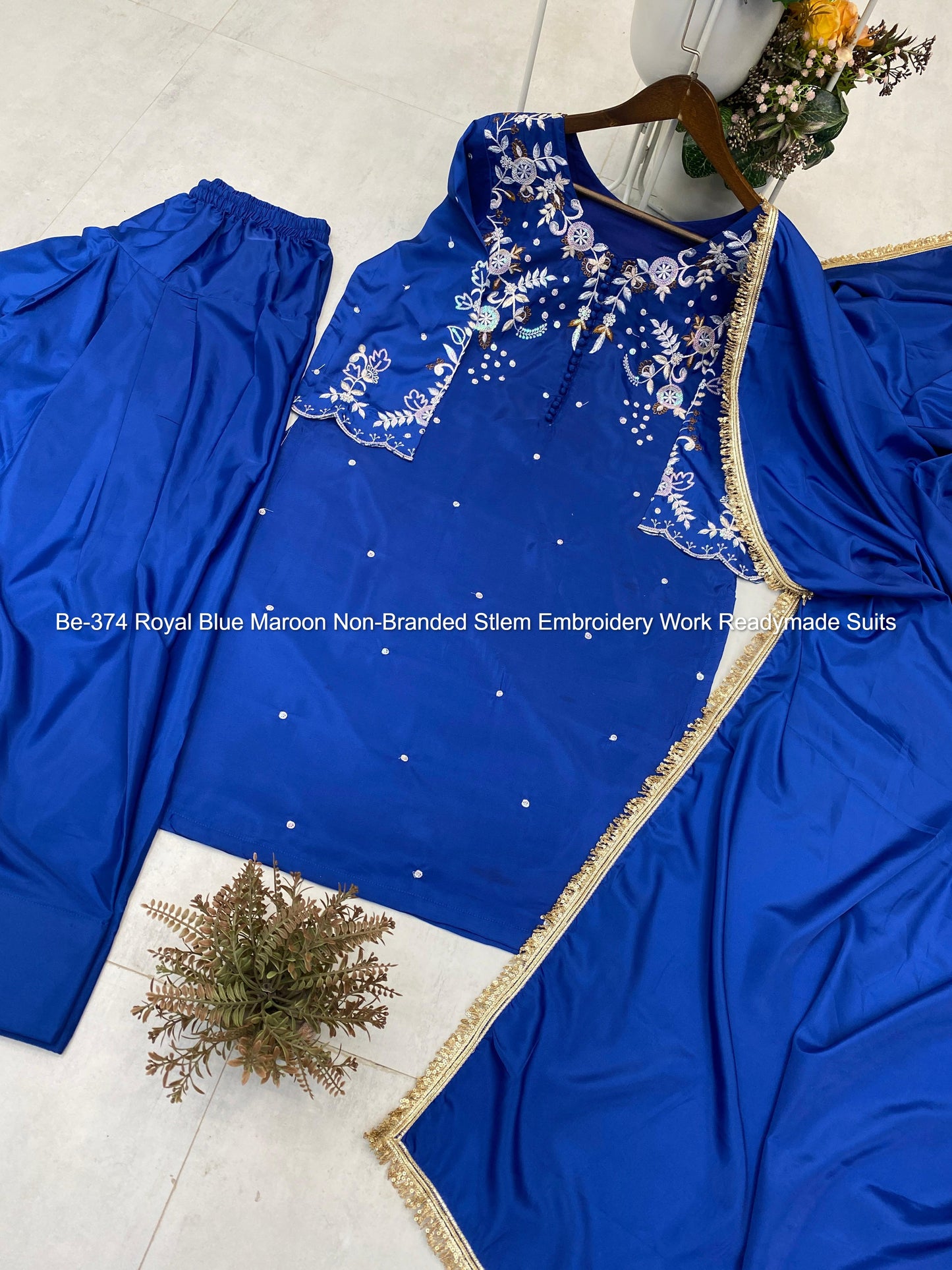 Be-374 Royal Blue Maroon Non-Branded Stlem Embroidery Work Readymade Suits