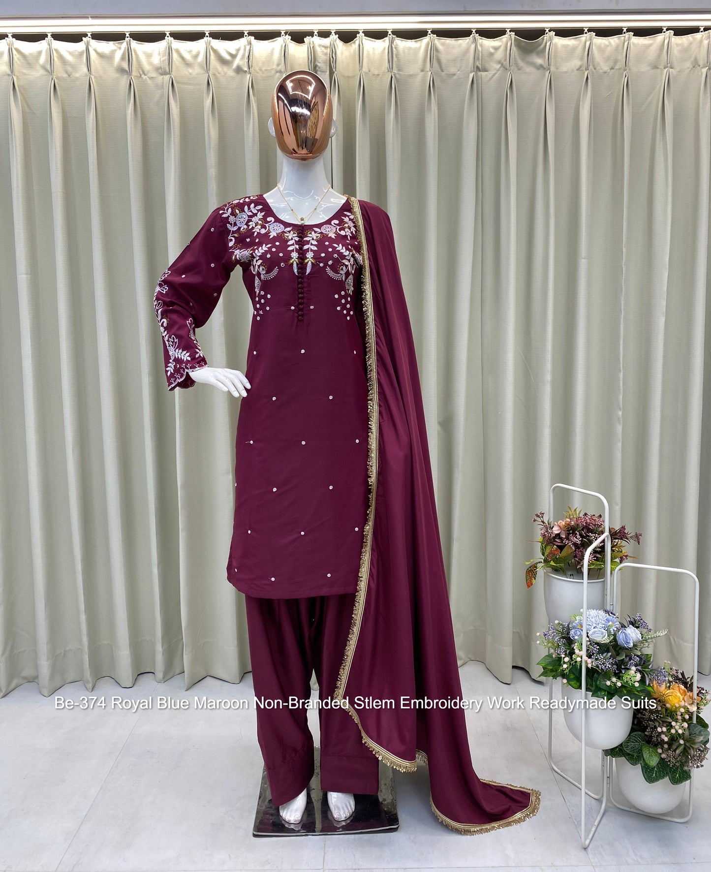 Be-374 Royal Blue Maroon Non-Branded Stlem Embroidery Work Readymade Suits