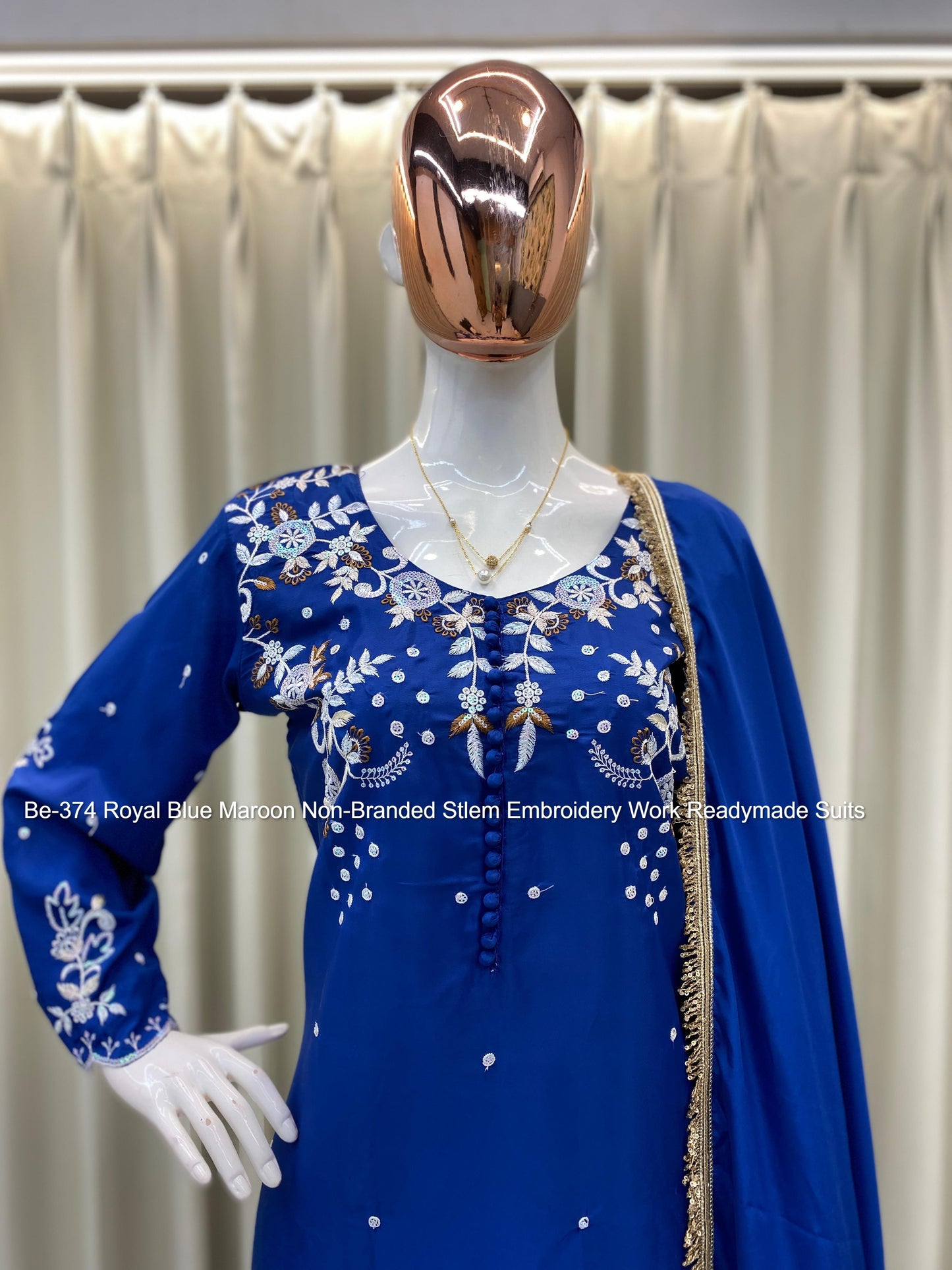 Be-374 Royal Blue Maroon Non-Branded Stlem Embroidery Work Readymade Suits