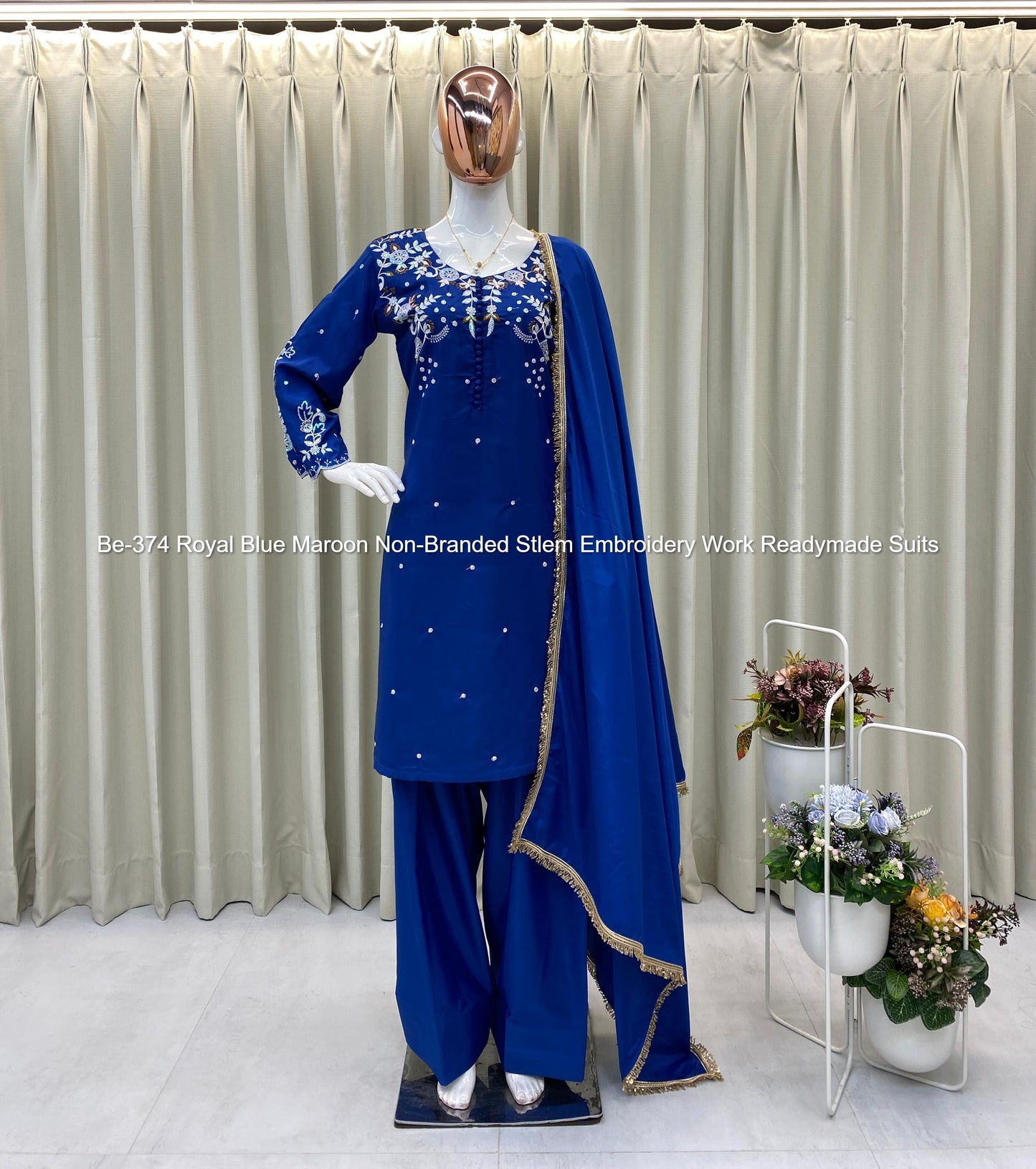 Be-374 Royal Blue Maroon Non-Branded Stlem Embroidery Work Readymade Suits
