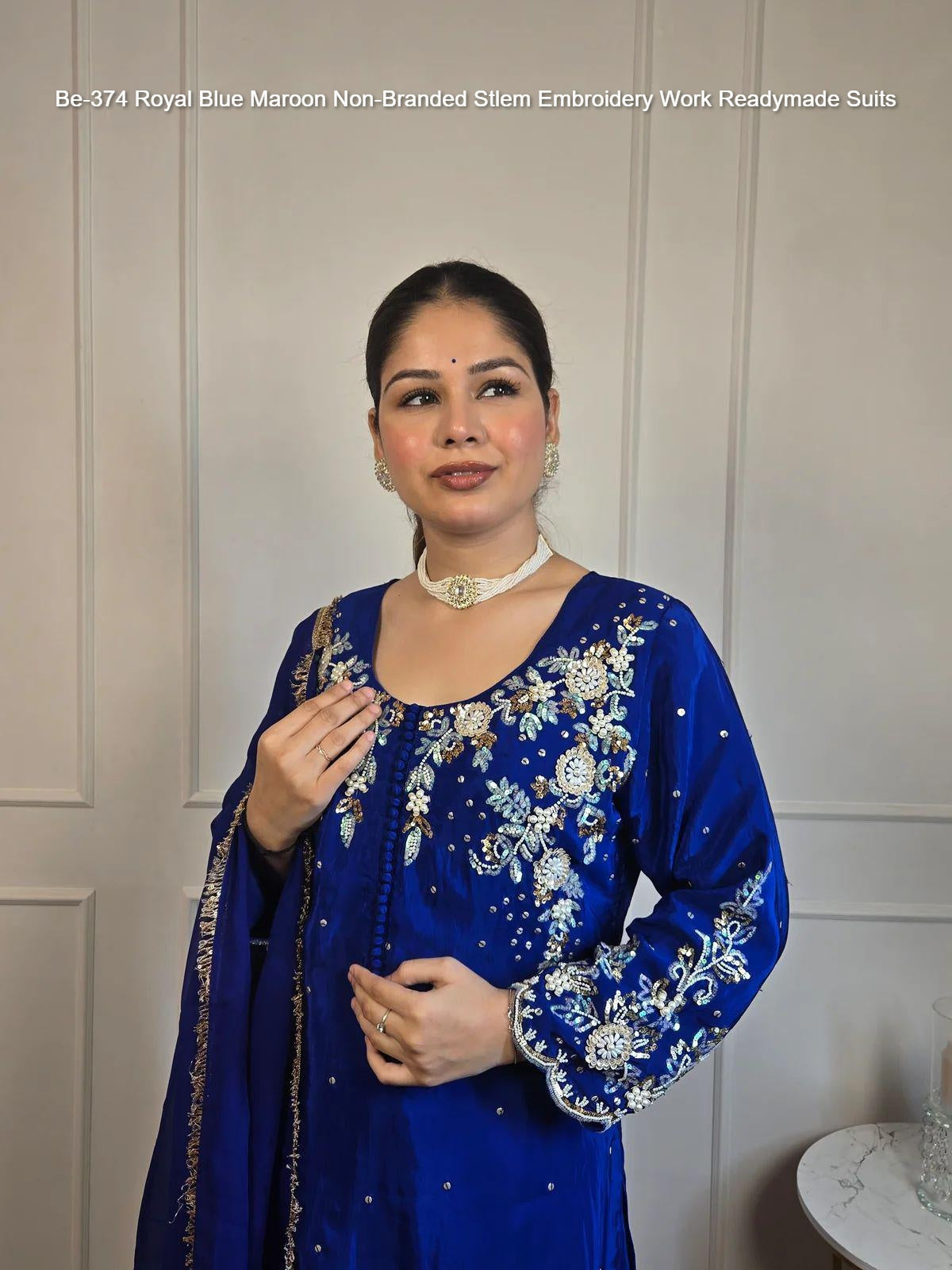 Be-374 Royal Blue Maroon Non-Branded Stlem Embroidery Work Readymade Suits
