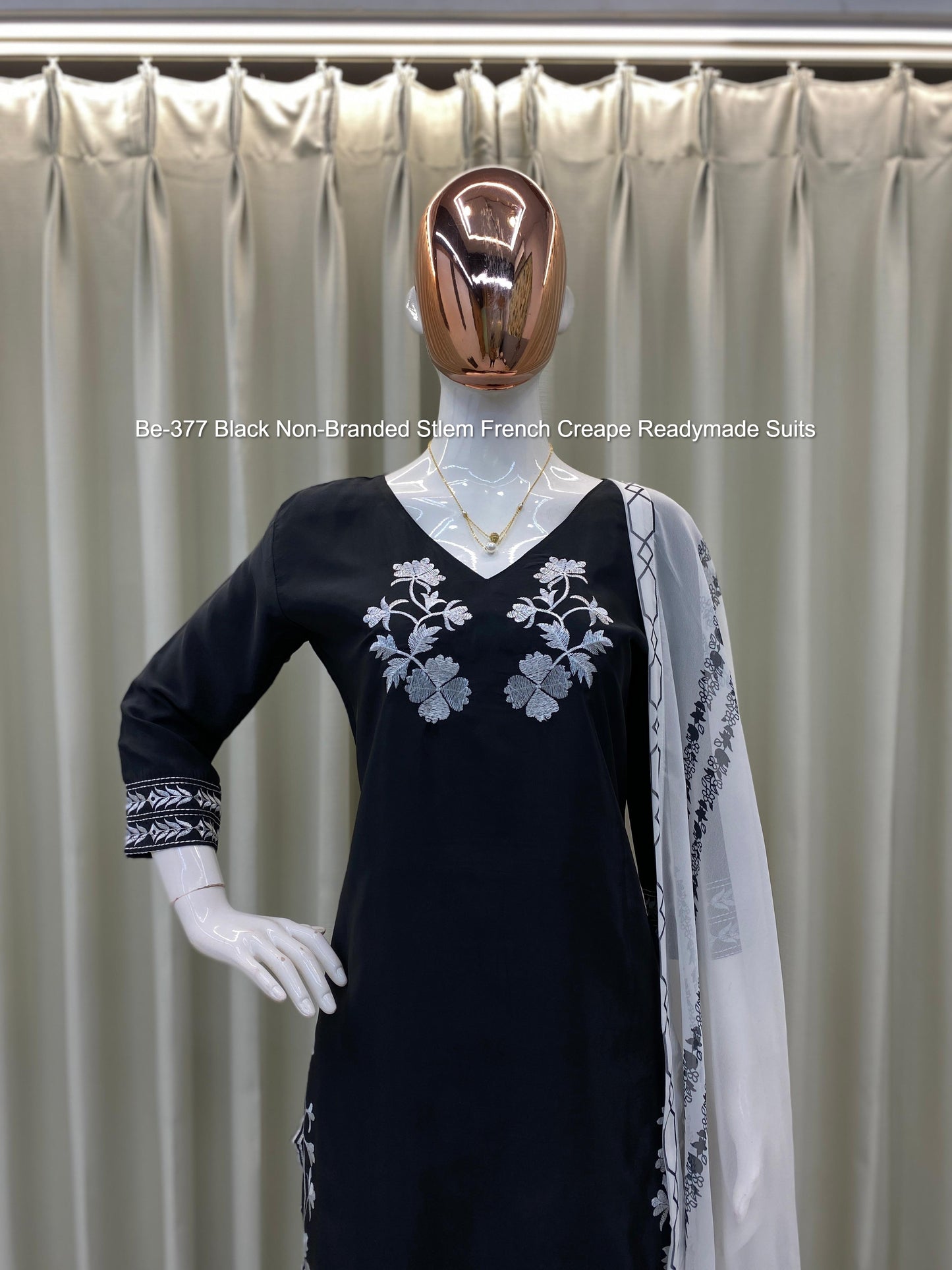 Be-377 Black Non-Branded Stlem French Creape Readymade Suits