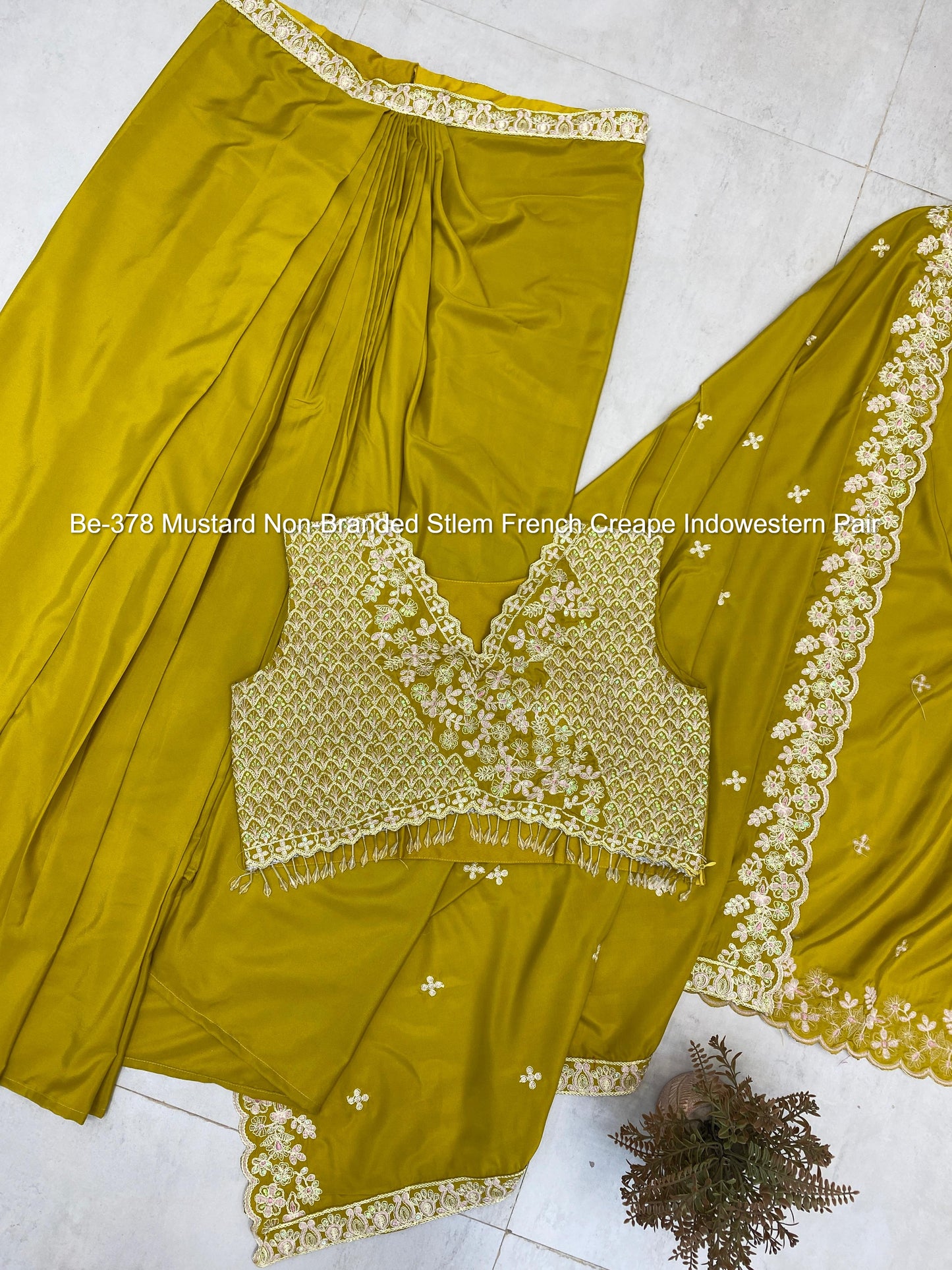 Be-378 Mustard Non-Branded Stlem French Creape Indowestern Pair
