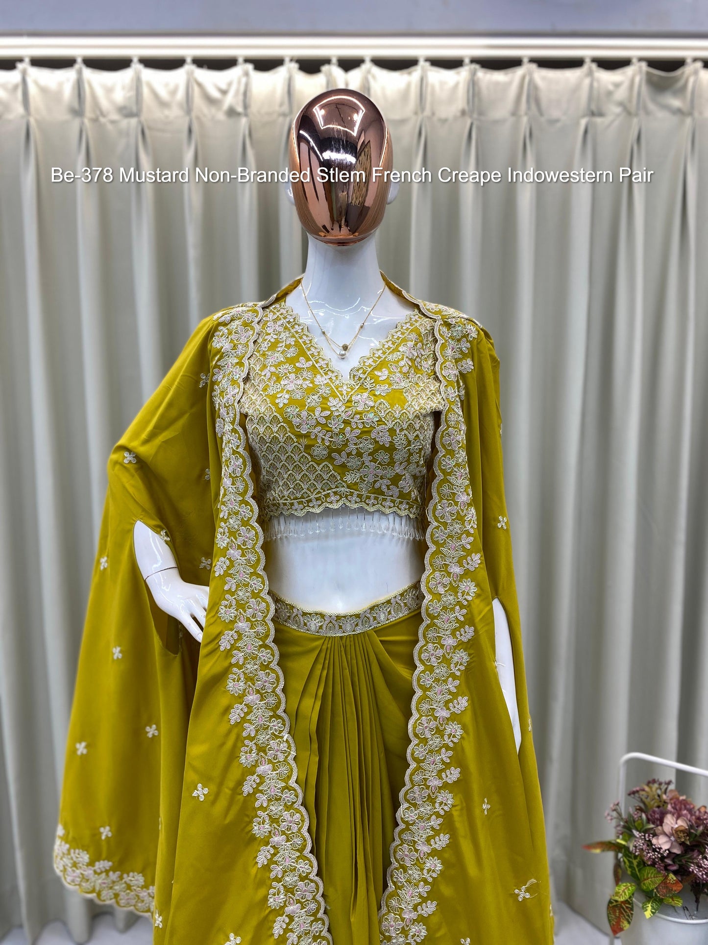 Be-378 Mustard Non-Branded Stlem French Creape Indowestern Pair