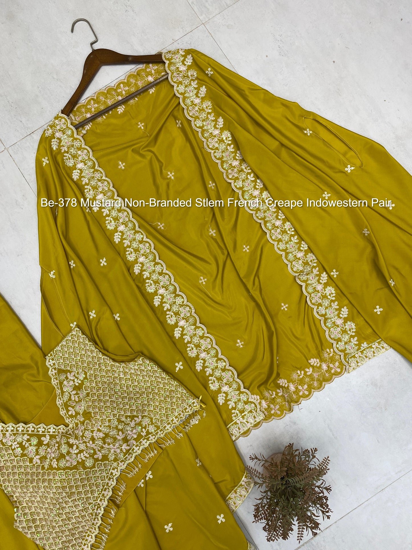 Be-378 Mustard Non-Branded Stlem French Creape Indowestern Pair