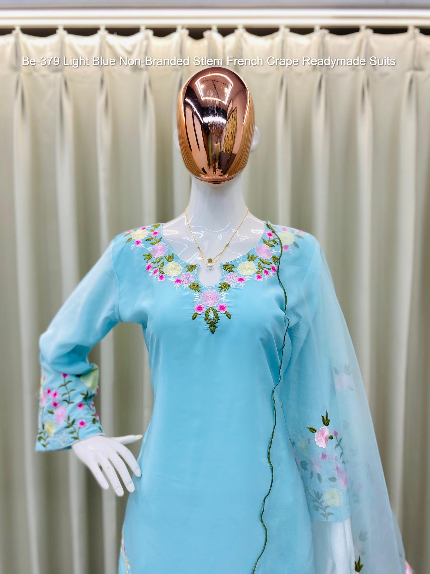 Be-379 Light Blue Non-Branded Stlem French Crape Readymade Suits