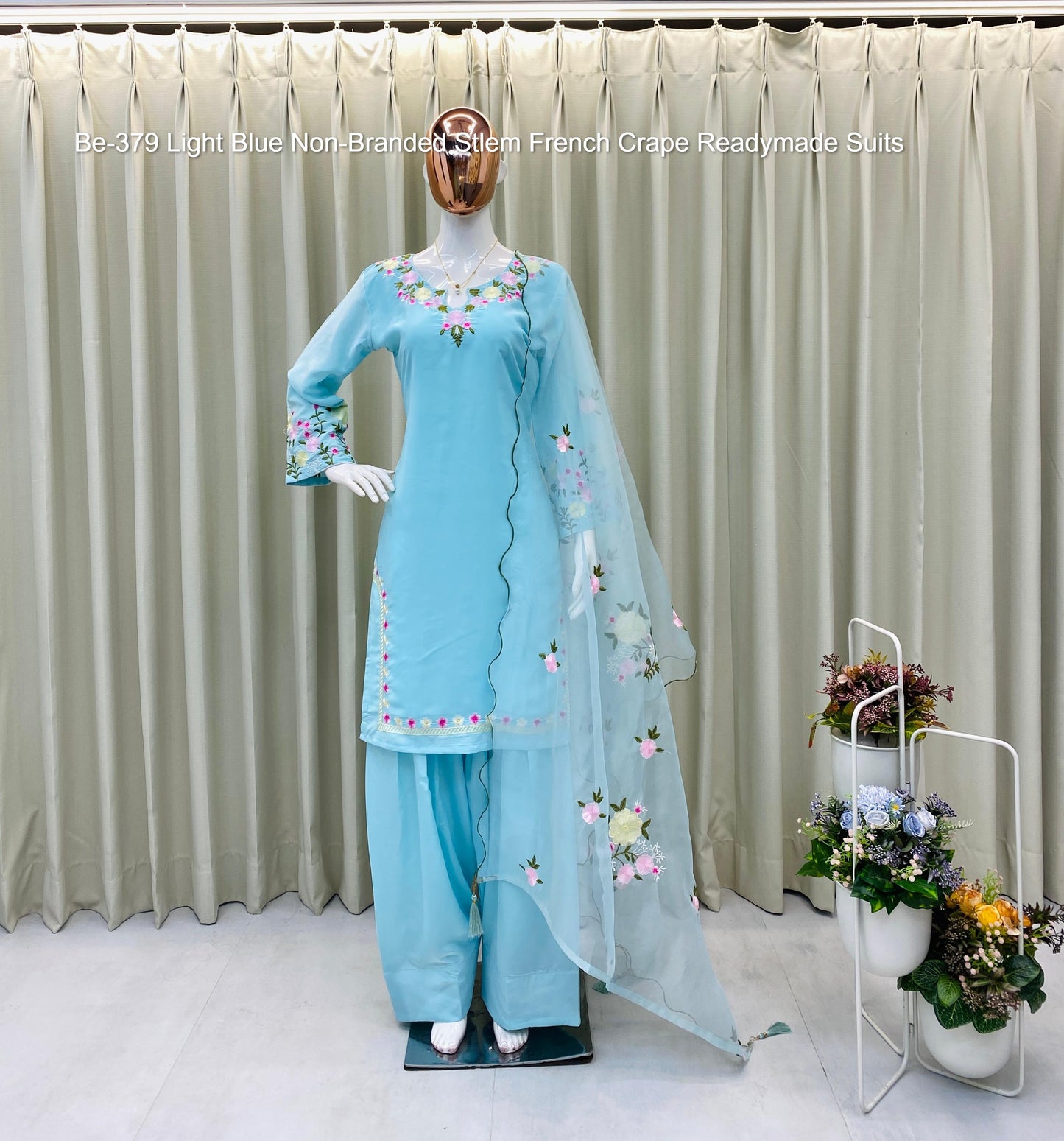 Be-379 Light Blue Non-Branded Stlem French Crape Readymade Suits