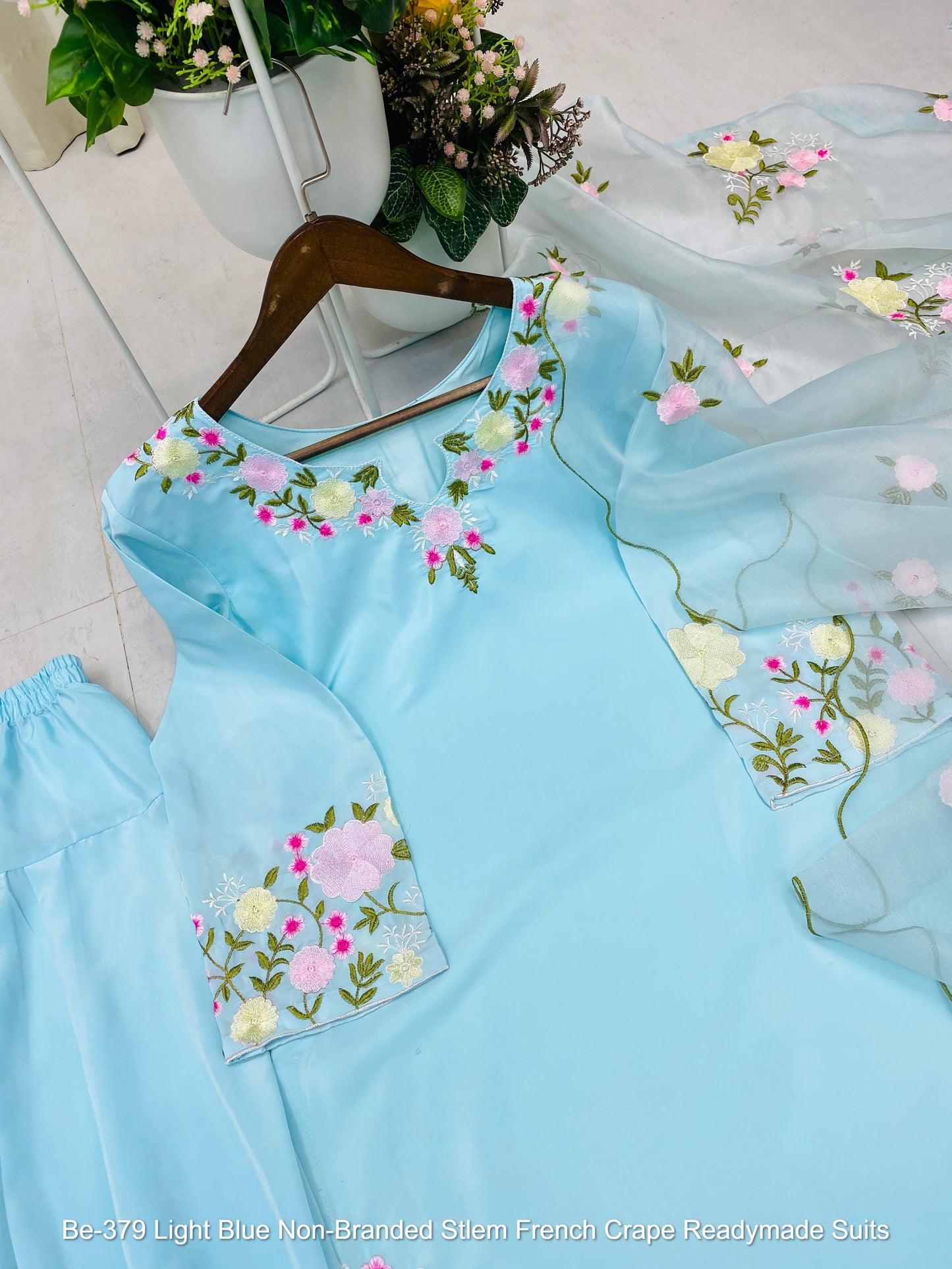 Be-379 Light Blue Non-Branded Stlem French Crape Readymade Suits