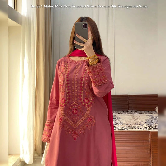 Be-381 Muted Pink Non-Branded Stlem Roman Silk Readymade Suits