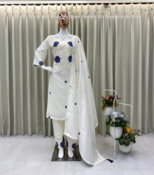 Be-382 White Non-Branded Stlem Roman Silk Readymade Suits