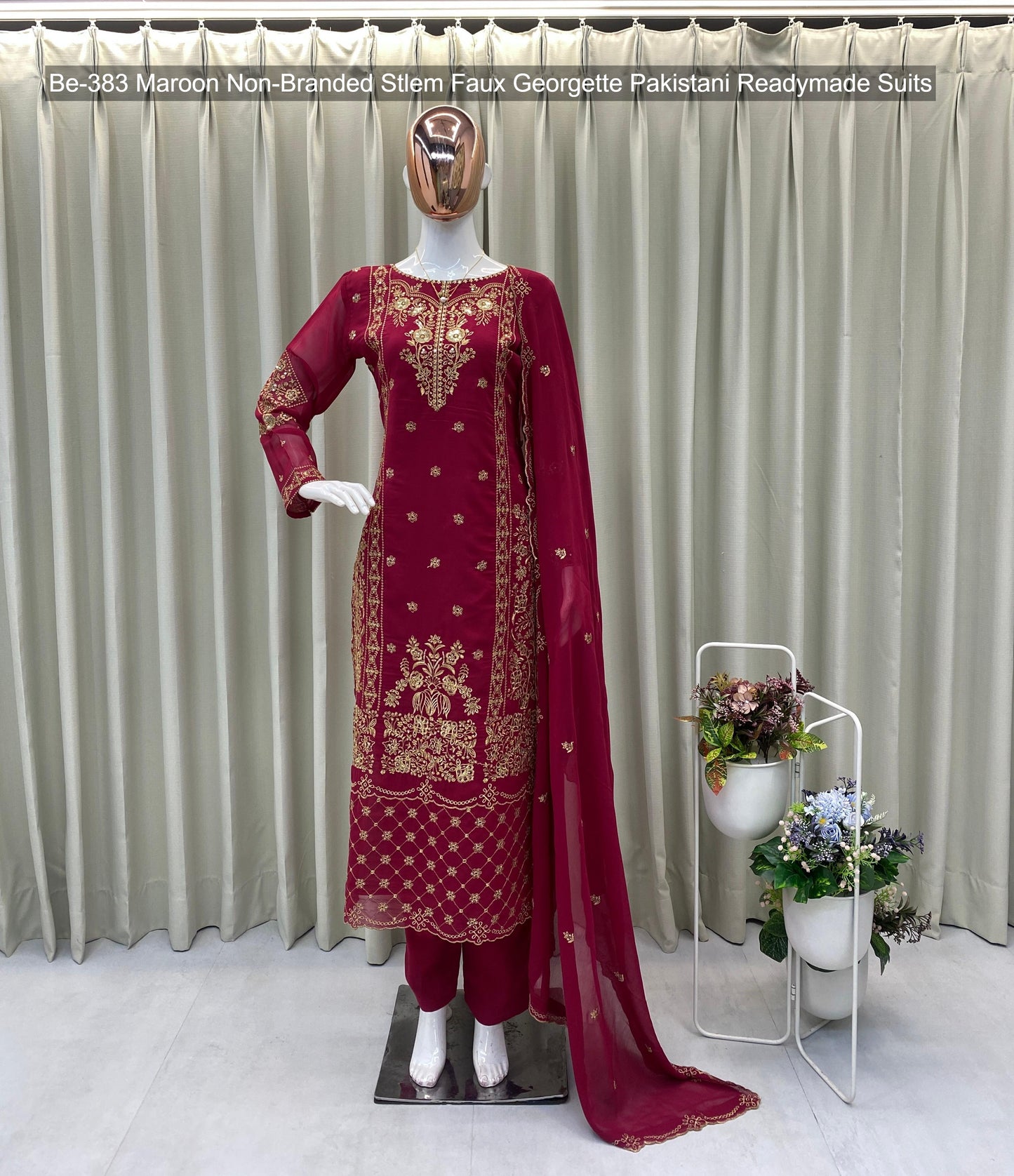 Be-383 Maroon Non-Branded Stlem Faux Georgette Pakistani Readymade Suits