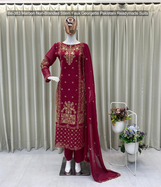 Be-383 Maroon Non-Branded Stlem Faux Georgette Pakistani Readymade Suits