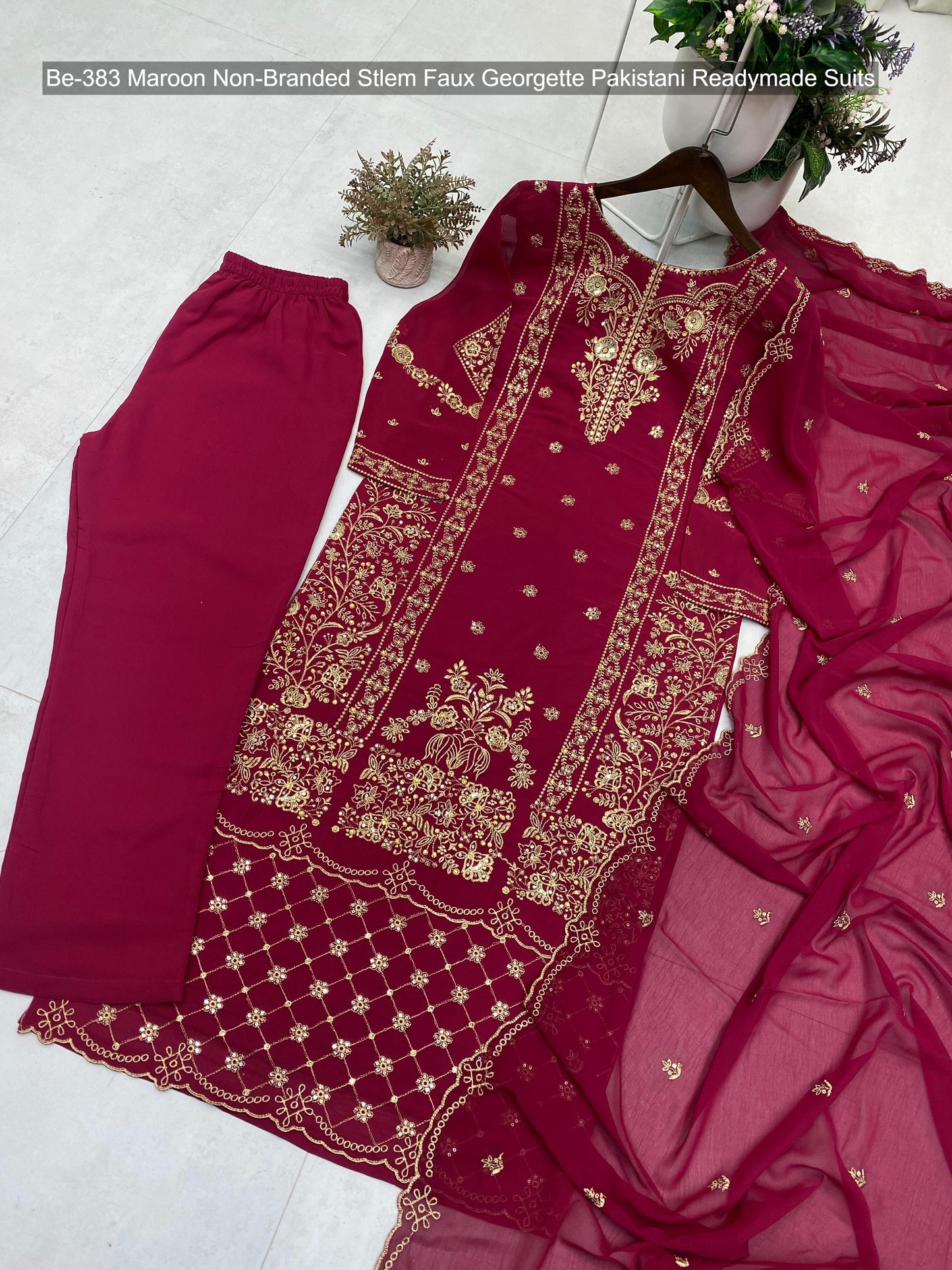 Be-383 Maroon Non-Branded Stlem Faux Georgette Pakistani Readymade Suits