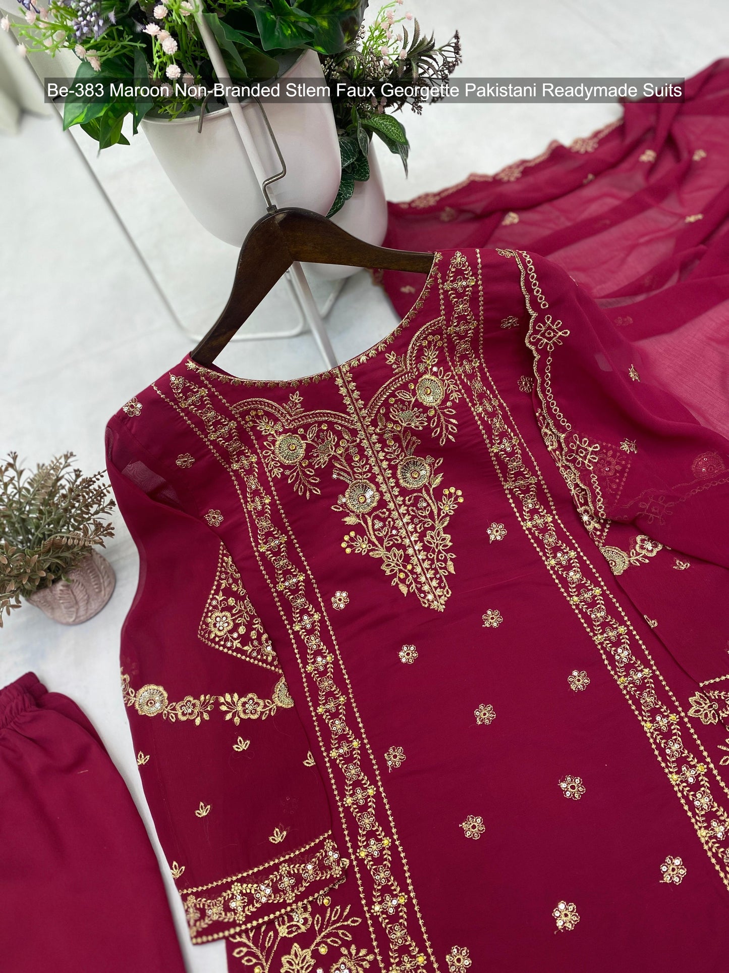 Be-383 Maroon Non-Branded Stlem Faux Georgette Pakistani Readymade Suits