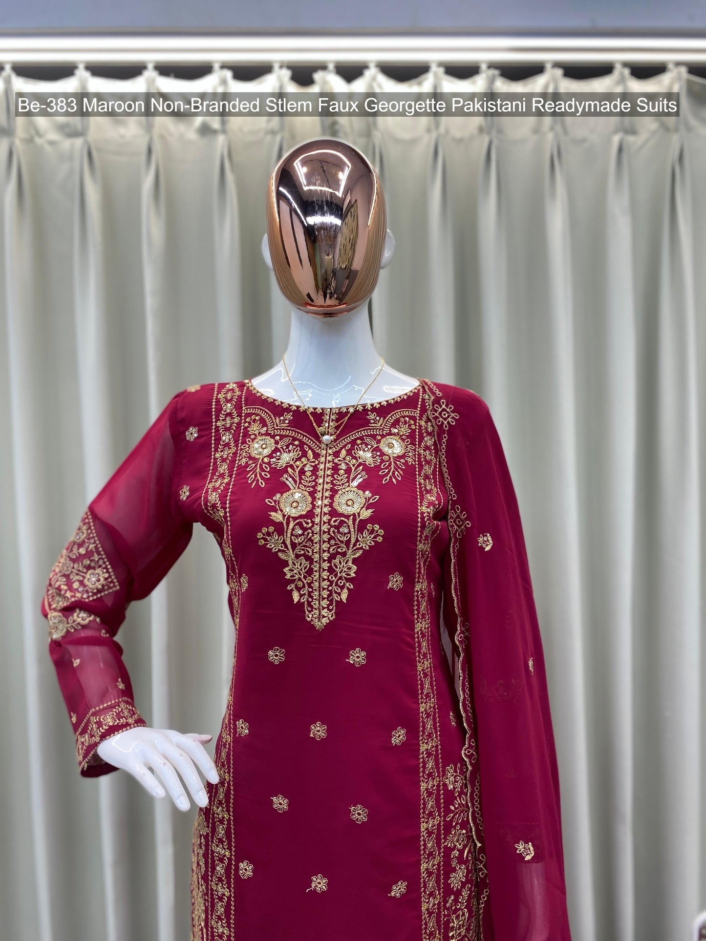 Be-383 Maroon Non-Branded Stlem Faux Georgette Pakistani Readymade Suits