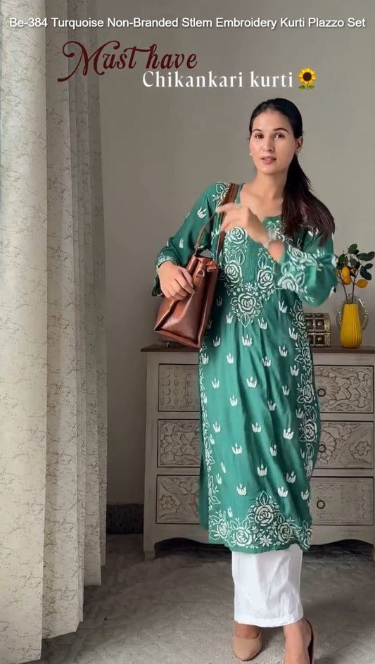 Be-384 Turquoise Non-Branded Stlem Embroidery Kurti Plazzo Set