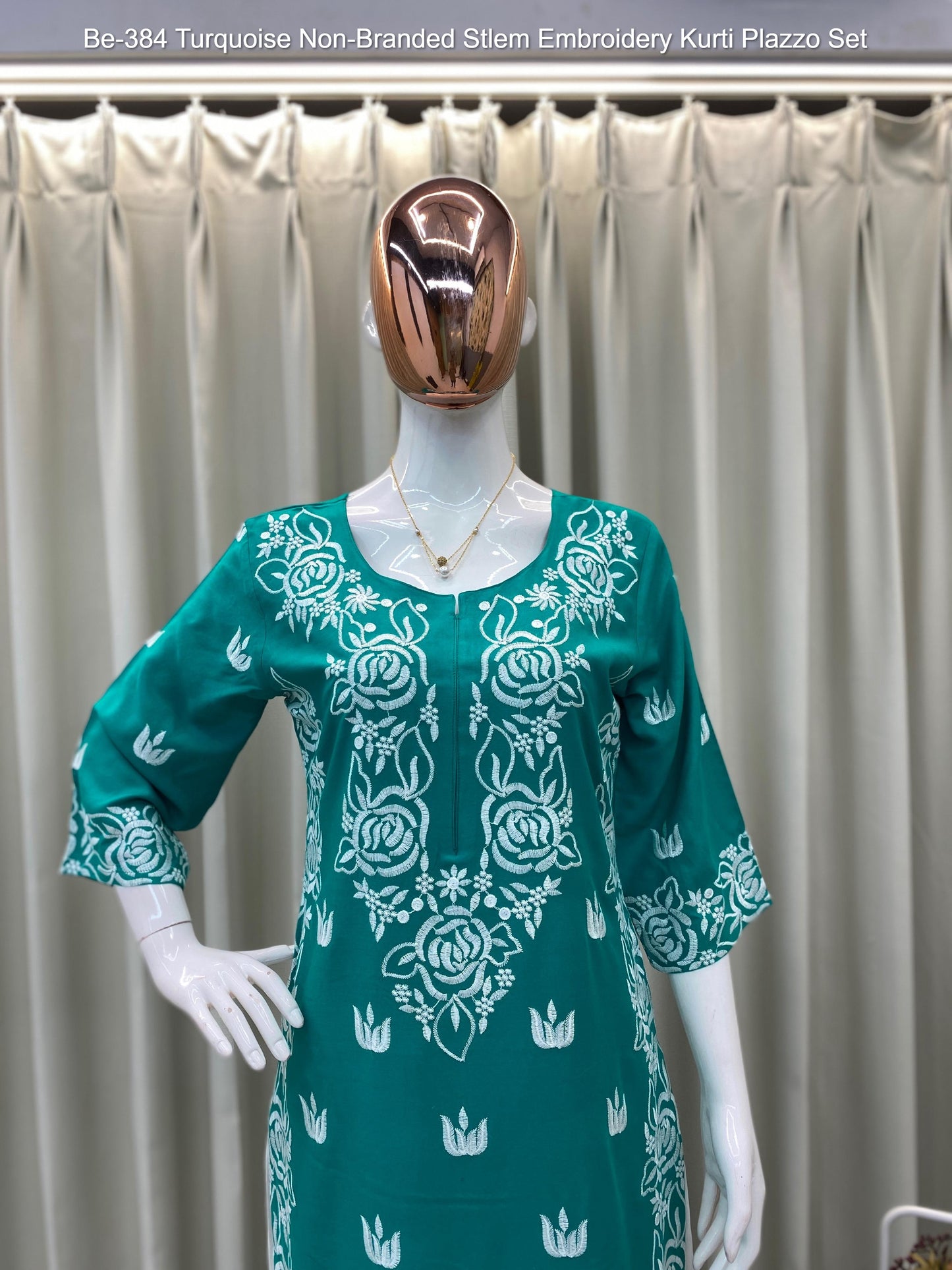 Be-384 Turquoise Non-Branded Stlem Embroidery Kurti Plazzo Set