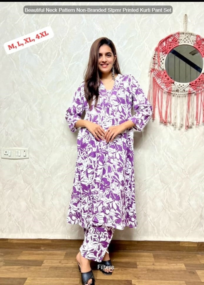 Beautiful Neck Pattern Non-Branded Stpmr Printed Kurti Pant Set