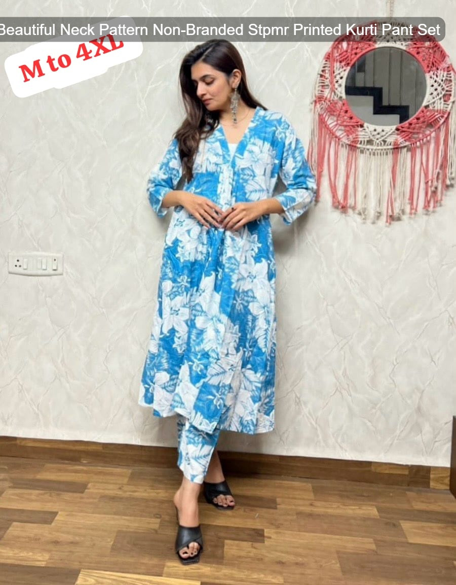 Beautiful Neck Pattern Non-Branded Stpmr Printed Kurti Pant Set