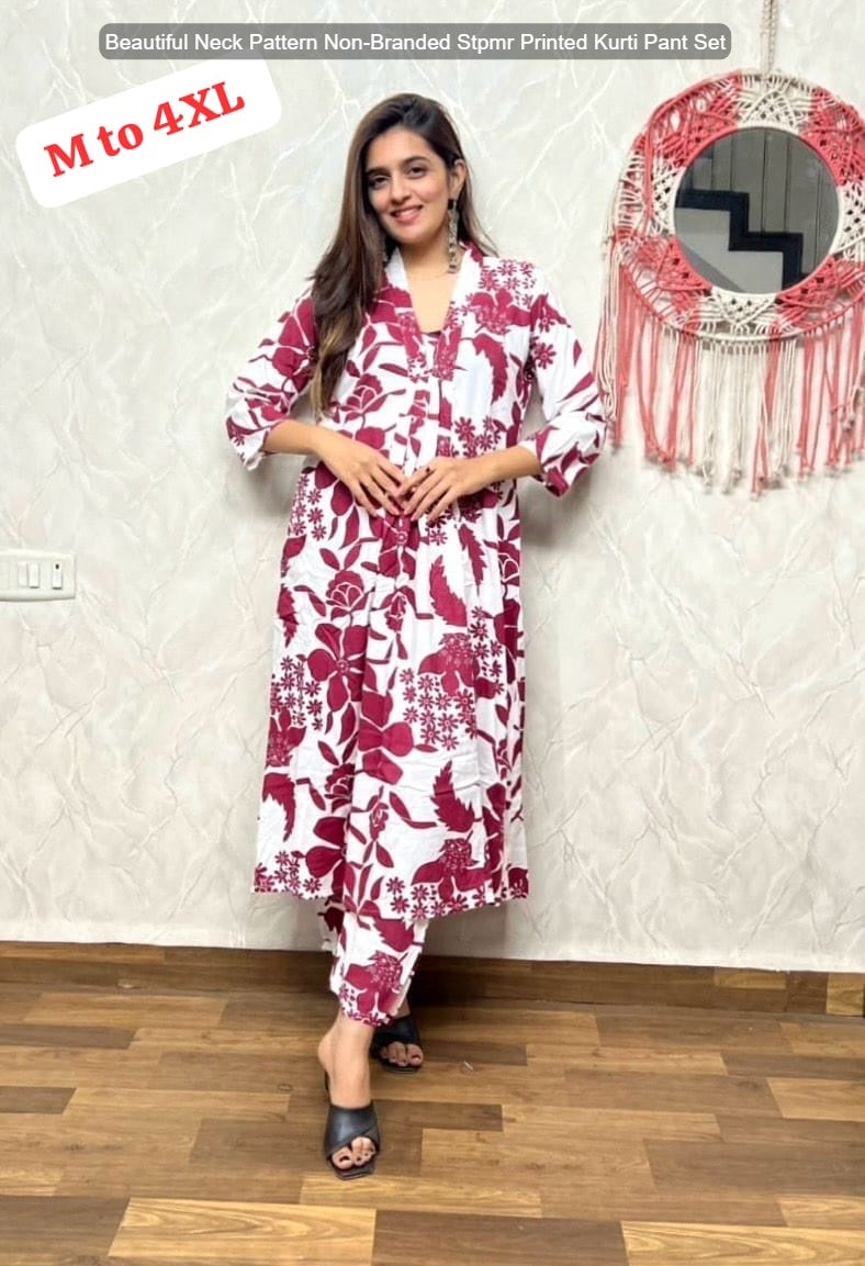 Beautiful Neck Pattern Non-Branded Stpmr Printed Kurti Pant Set