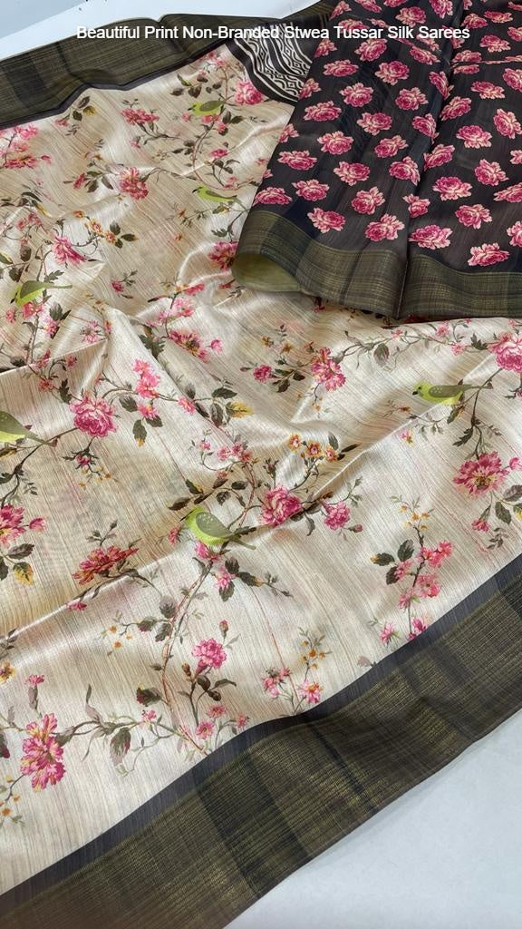 Beautiful Print Non-Branded Stwea Tussar Silk Sarees