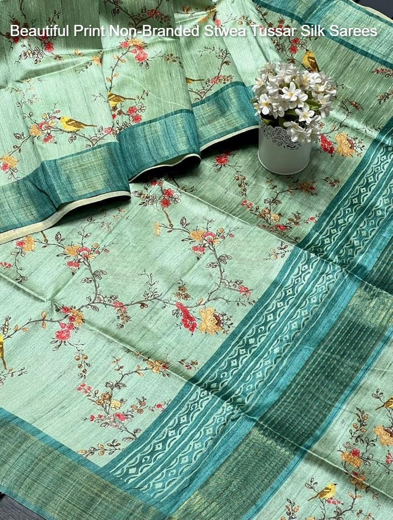 Beautiful Print Non-Branded Stwea Tussar Silk Sarees