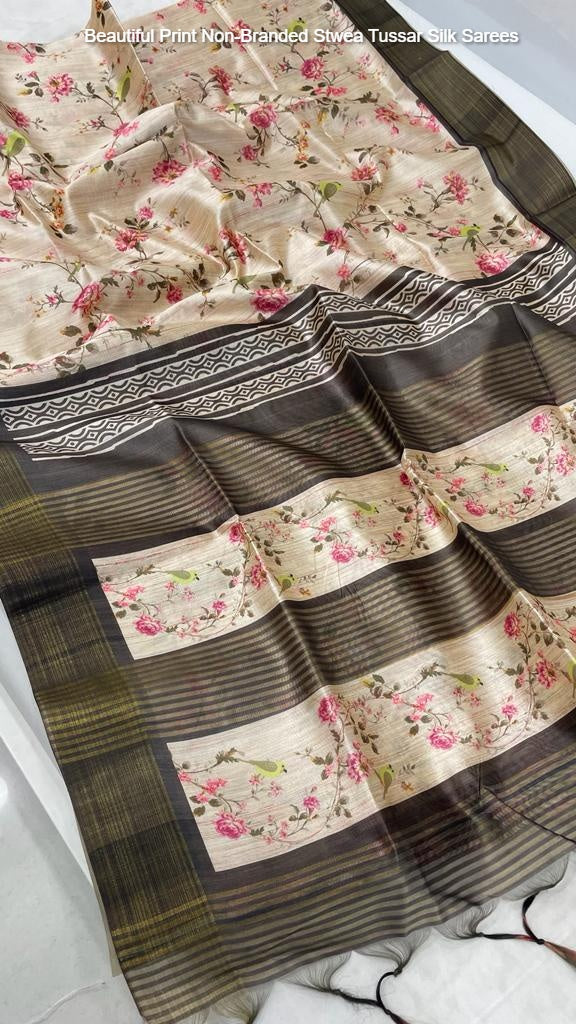 Beautiful Print Non-Branded Stwea Tussar Silk Sarees
