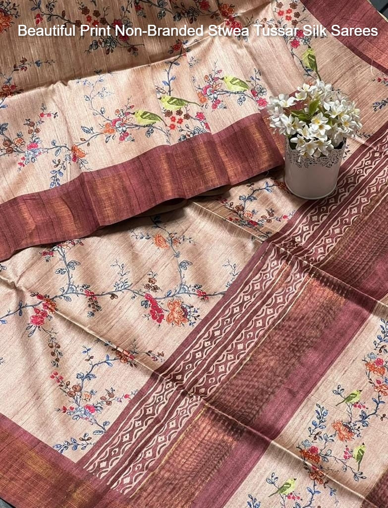 Beautiful Print Non-Branded Stwea Tussar Silk Sarees
