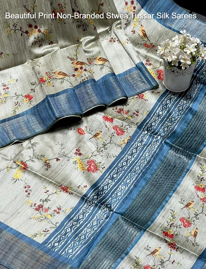 Beautiful Print Non-Branded Stwea Tussar Silk Sarees