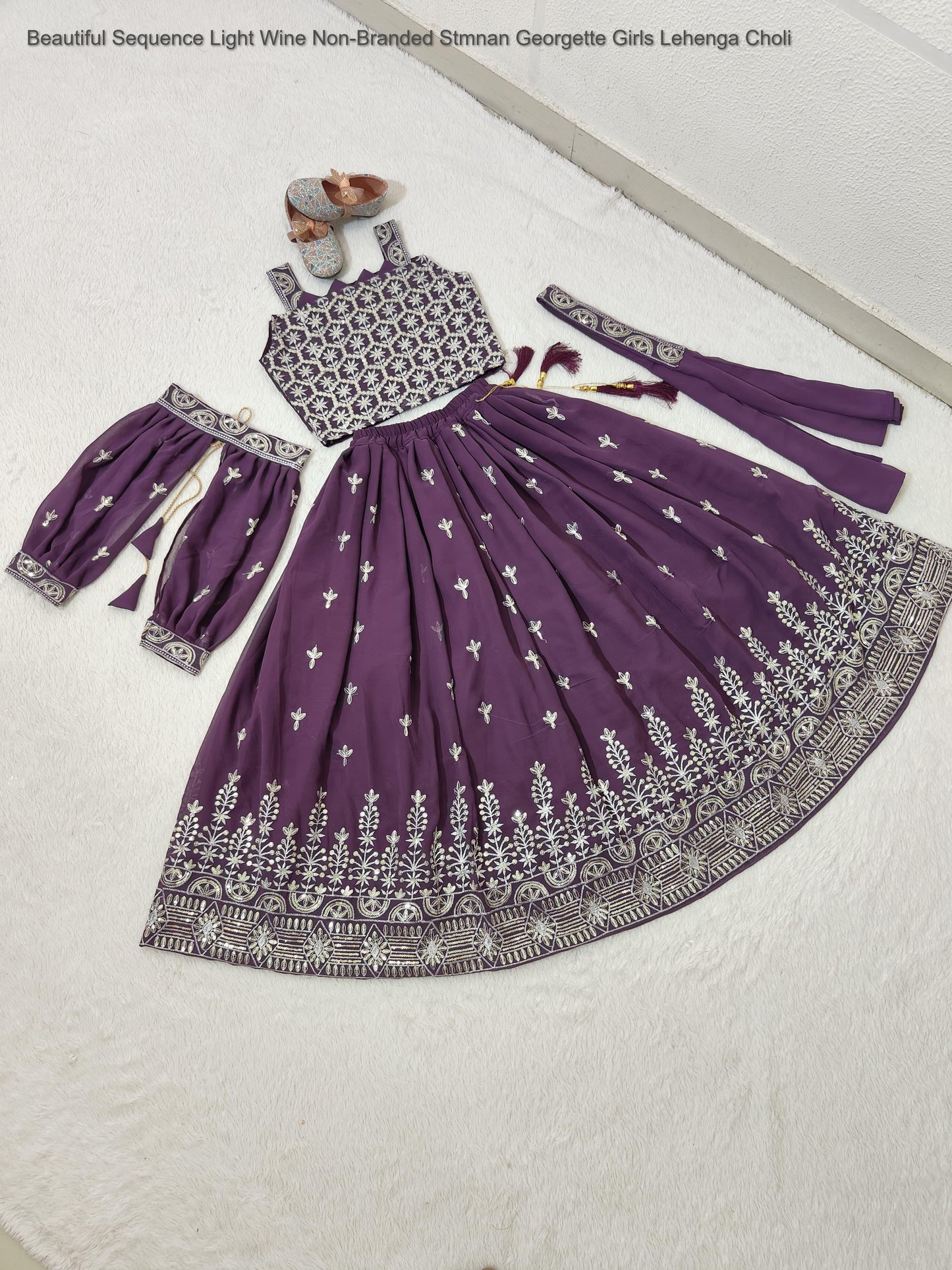 Beautiful Sequence Light Wine Non-Branded Stmnan Georgette Girls Lehenga Choli