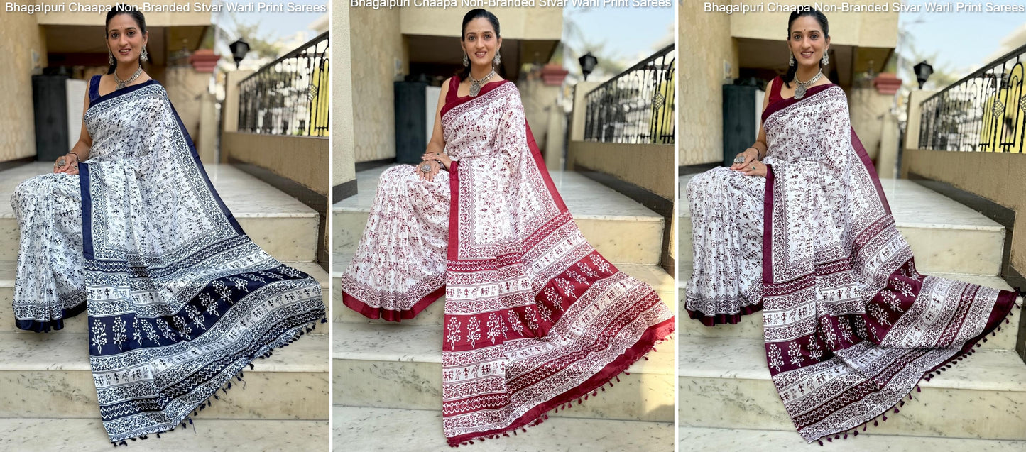 Bhagalpuri Chaapa Non-Branded Stvar Warli Print Sarees