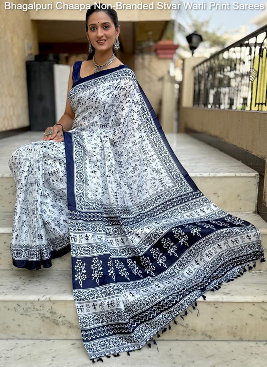 Bhagalpuri Chaapa Non-Branded Stvar Warli Print Sarees