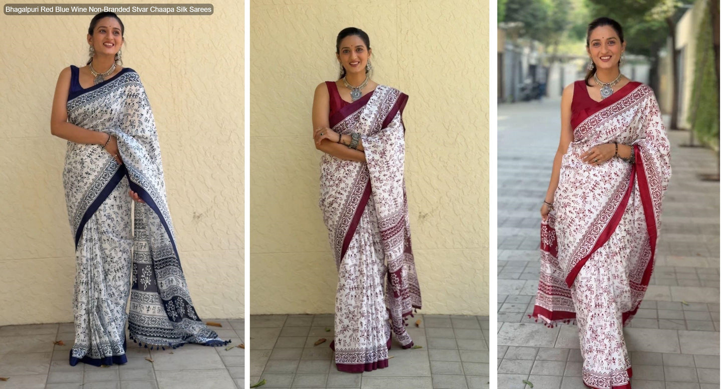 Bhagalpuri Red Blue Wine Non-Branded Stvar Chaapa Silk Sarees