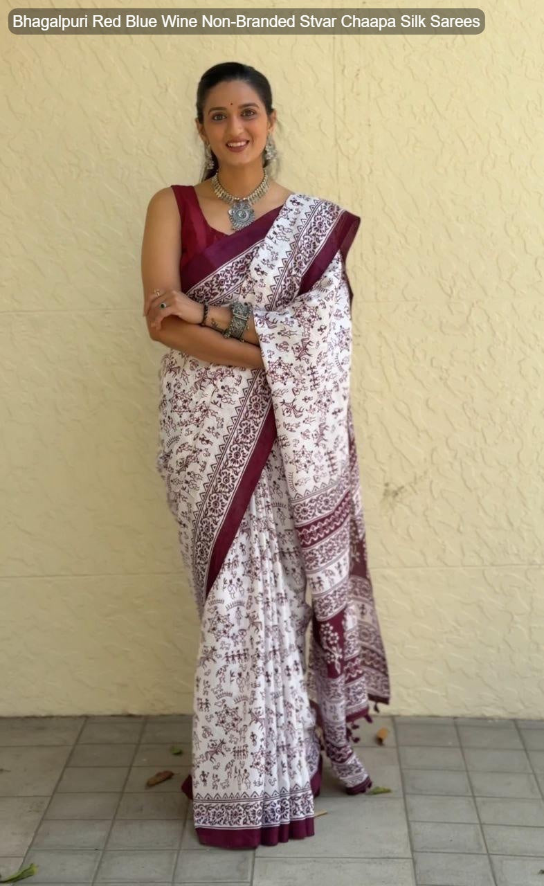 Bhagalpuri Red Blue Wine Non-Branded Stvar Chaapa Silk Sarees