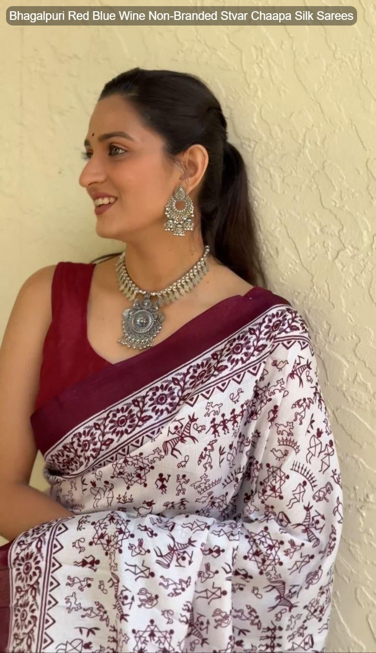 Bhagalpuri Red Blue Wine Non-Branded Stvar Chaapa Silk Sarees