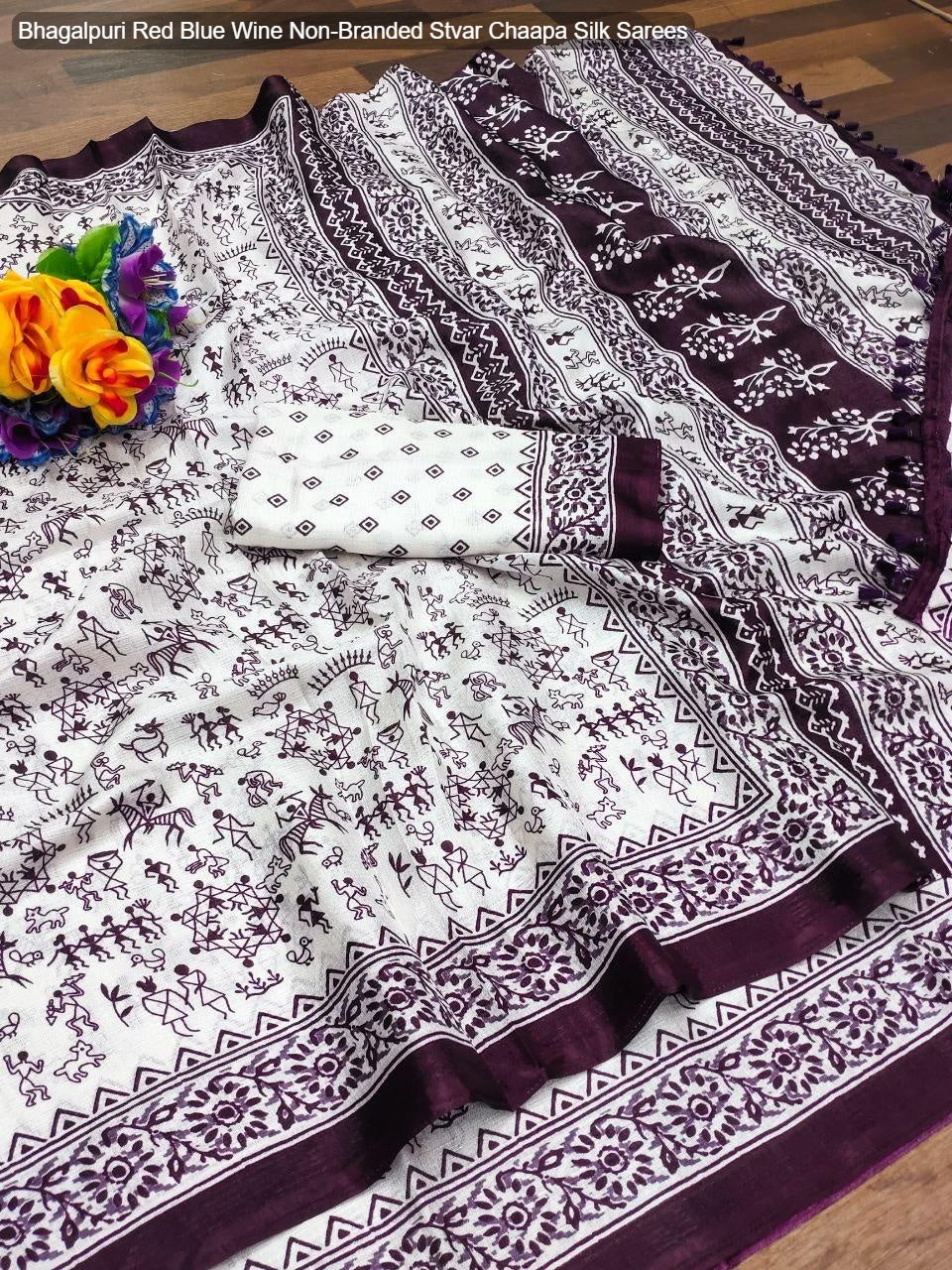Bhagalpuri Red Blue Wine Non-Branded Stvar Chaapa Silk Sarees