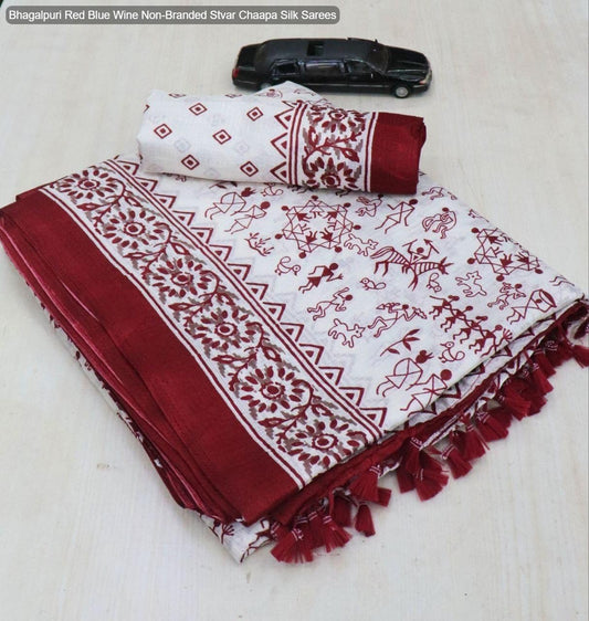 Bhagalpuri Red Blue Wine Non-Branded Stvar Chaapa Silk Sarees