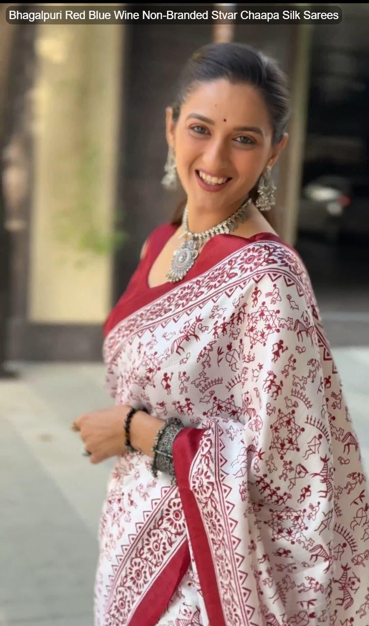 Bhagalpuri Red Blue Wine Non-Branded Stvar Chaapa Silk Sarees