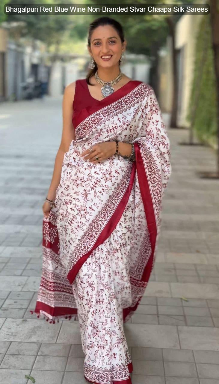 Bhagalpuri Red Blue Wine Non-Branded Stvar Chaapa Silk Sarees