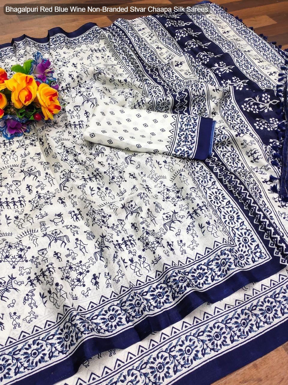 Bhagalpuri Red Blue Wine Non-Branded Stvar Chaapa Silk Sarees