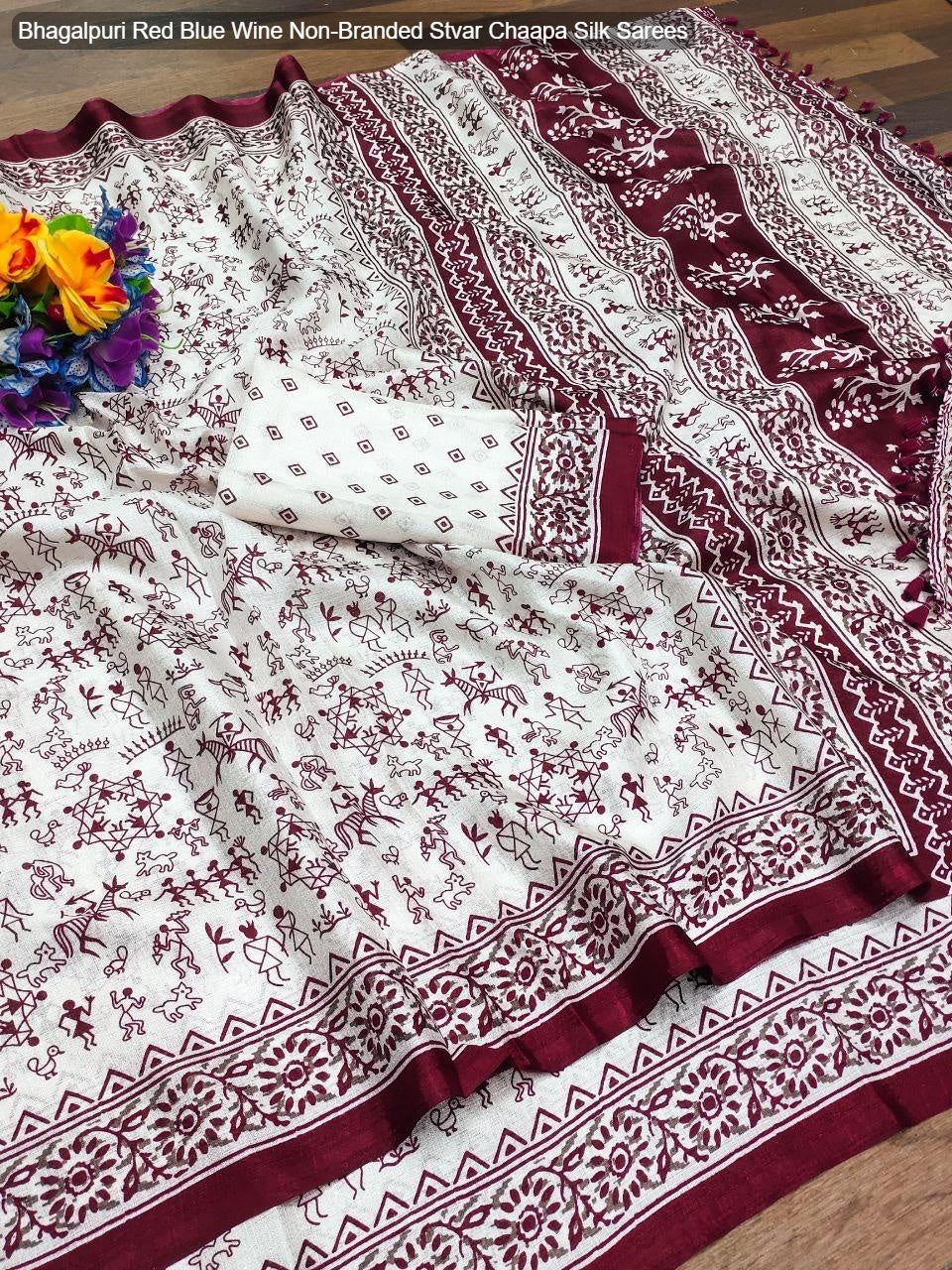 Bhagalpuri Red Blue Wine Non-Branded Stvar Chaapa Silk Sarees