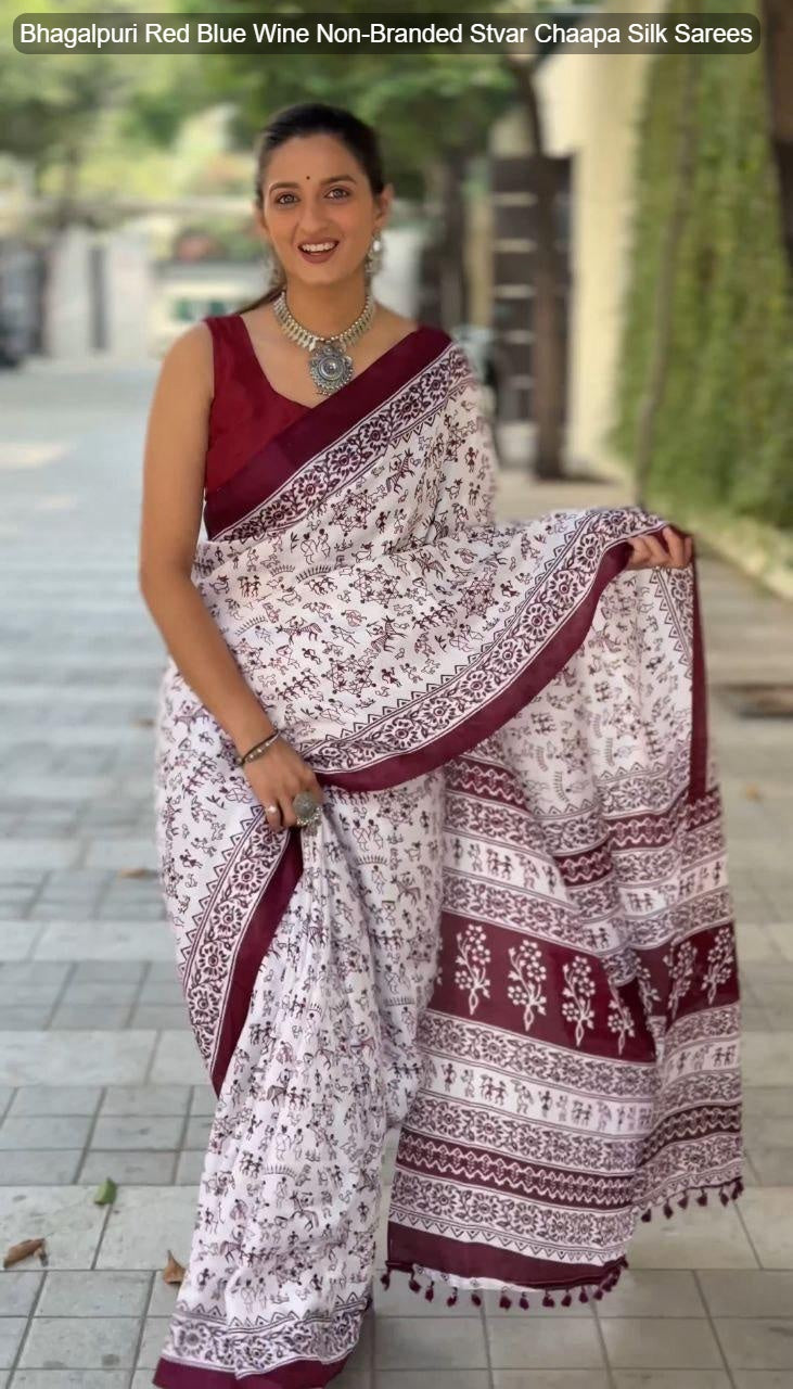 Bhagalpuri Red Blue Wine Non-Branded Stvar Chaapa Silk Sarees