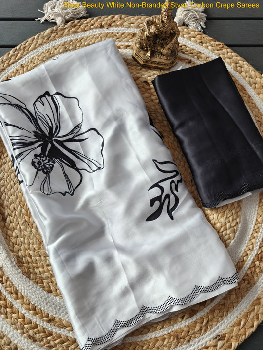 Black Beauty White Non-Branded Stvan Carbon Crepe Sarees