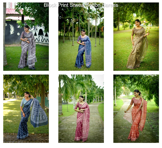 Block Print Stwea Cotton Sarees