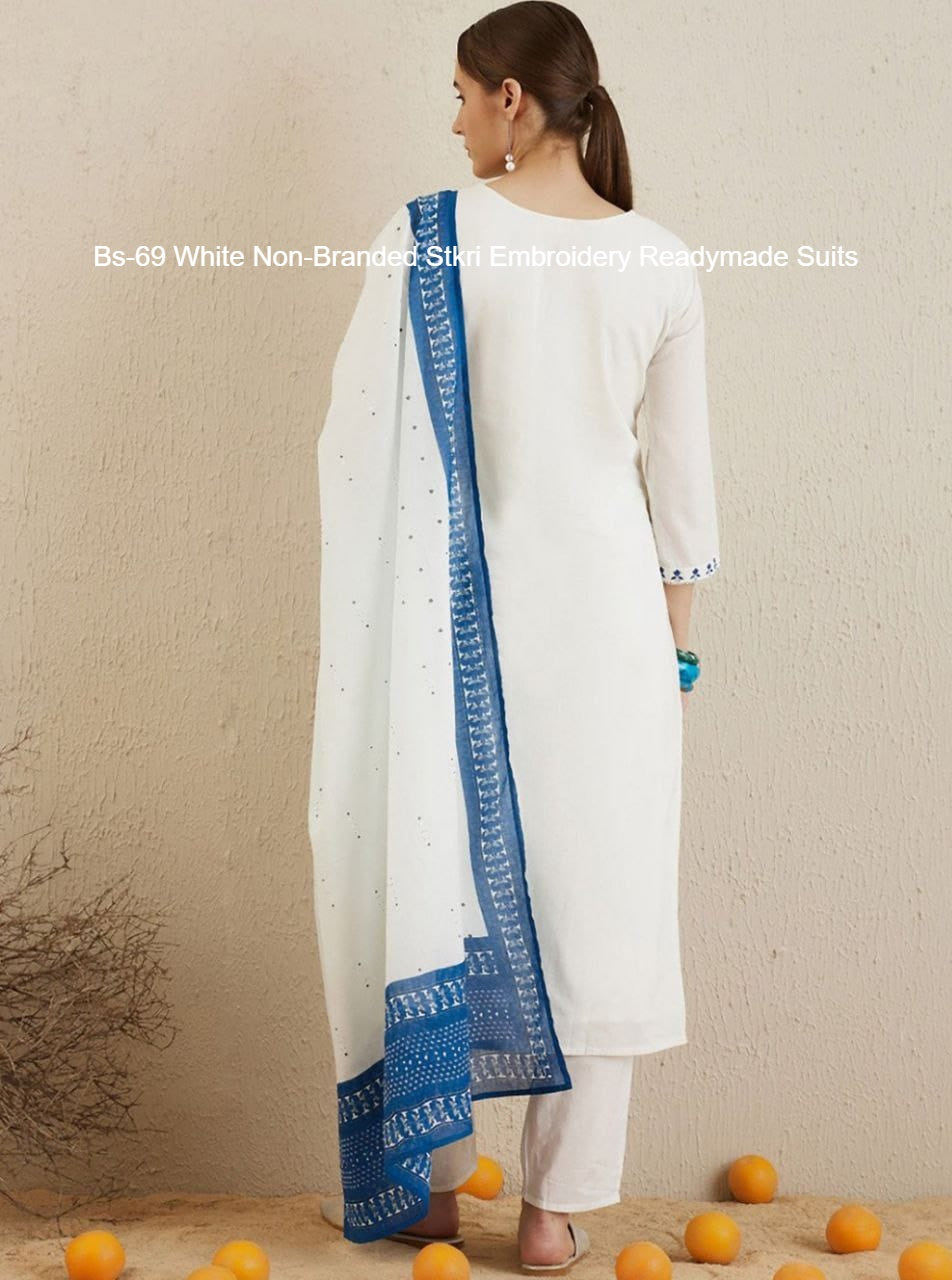 Bs-69 White Non-Branded Stkri Embroidery Readymade Suits