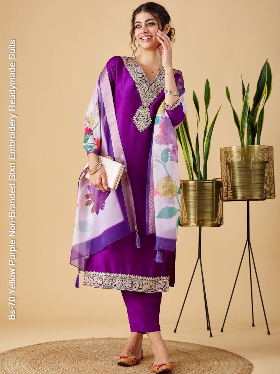 Bs-70 Yellow Purple Non-Branded Stkri Embroidery Readymade Suits