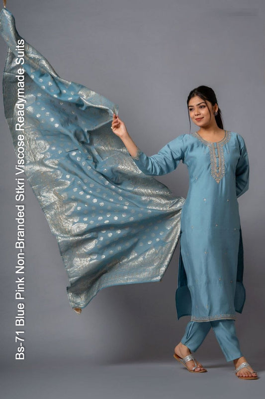 Bs-71 Blue Pink Non-Branded Stkri Viscose Readymade Suits