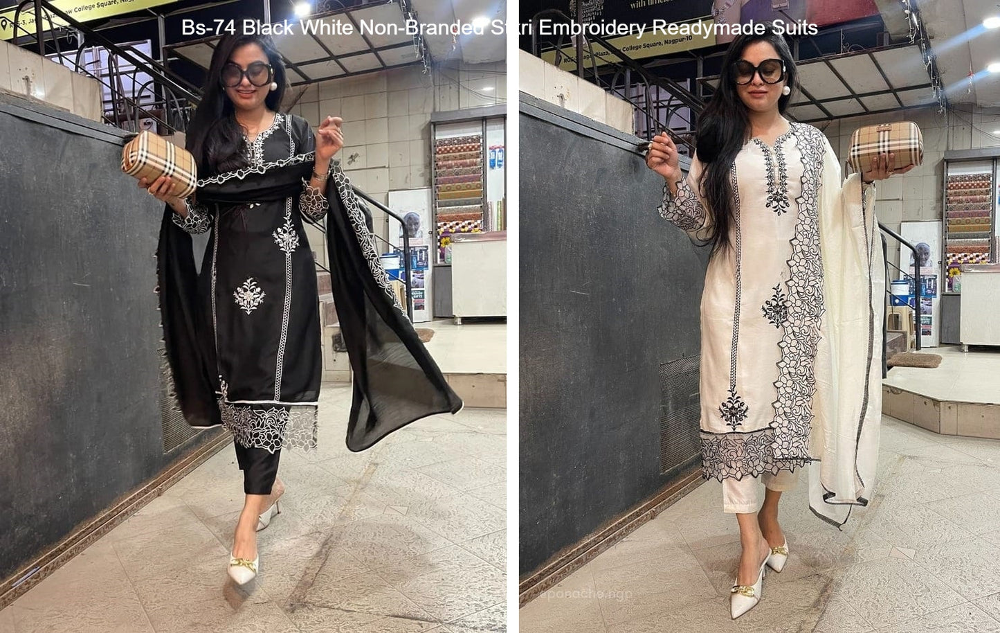 Bs-74 Black White Non-Branded Stkri Embroidery Readymade Suits